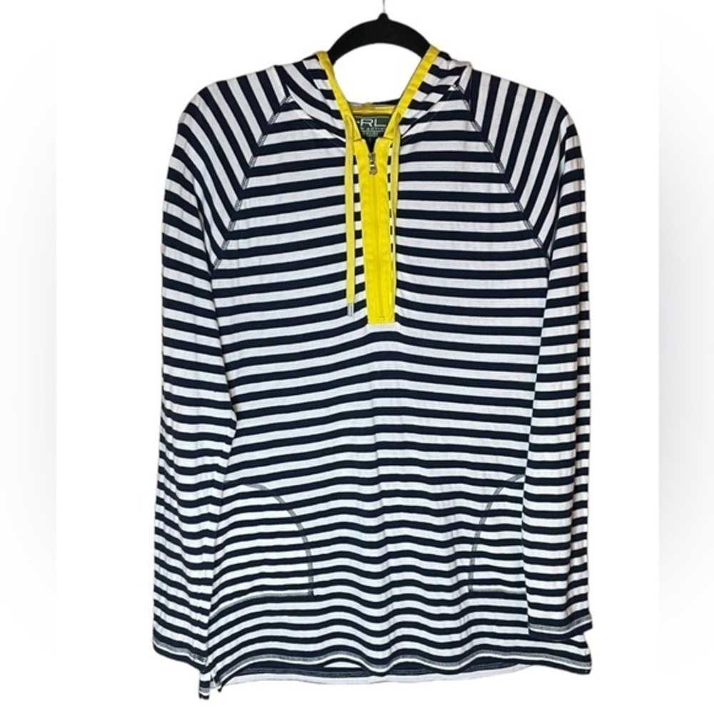 Lauren Active Ralph Lauren Navy Blue and White Striped Yellow Accents Hoodie‎